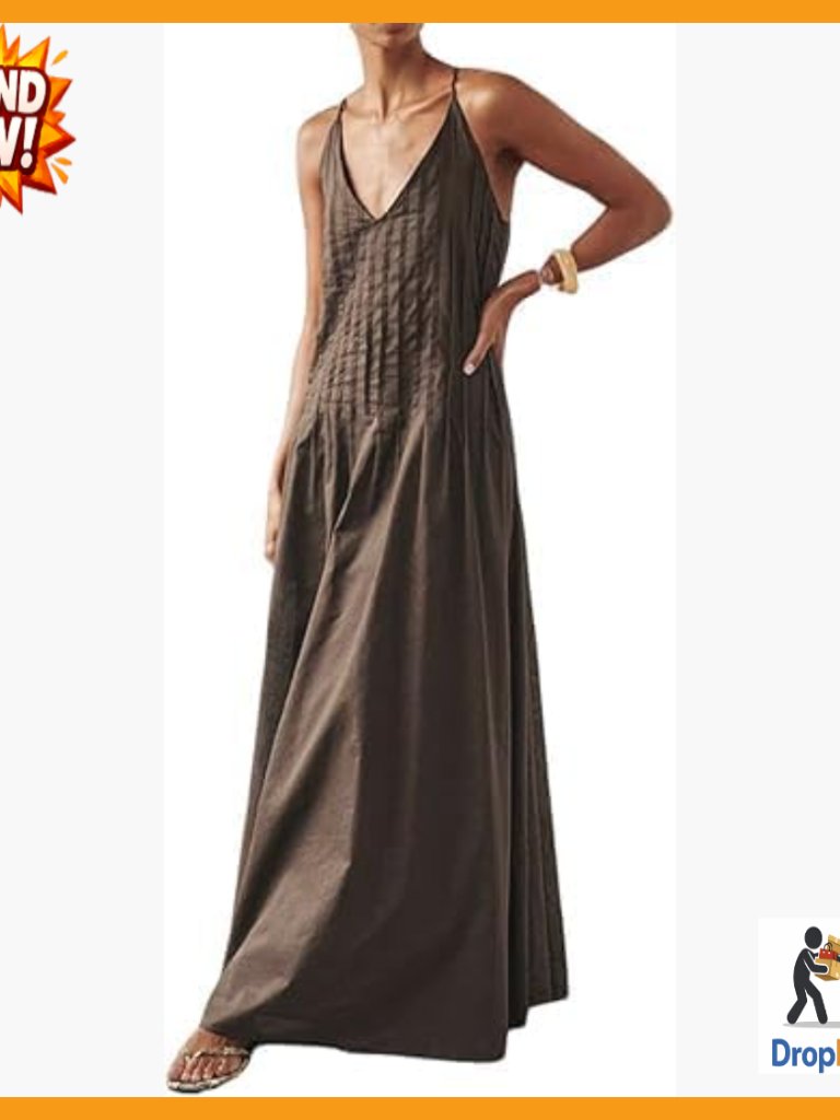 Spaghetti Strap Maxi Dress V Neck Pleated Backless Flowy Boho Chic Beach
